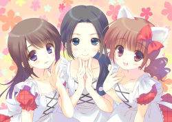 Rule 34 | 3girls, :d, animal ears, bad id, bad nicoseiga id, black hair, blue eyes, blush, bow, brown hair, cat ears, character request, collarbone, copyright request, dress, fang, hair bow, hand on own face, hands on own face, long hair, looking at viewer, multiple girls, open mouth, own hands together, ponytail, purple eyes, santa matsuri, short hair, smile