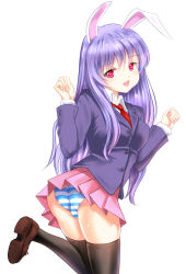 Rule 34 | 1girl, animal ears, ass, back, bad id, bad pixiv id, blush, dress shirt, forearms at chest, jacket, loafers, long hair, looking at viewer, looking back, miniskirt, necktie, open mouth, panties, pantyshot, pleated skirt, ponytail korosuke, purple hair, rabbit ears, red eyes, red necktie, reisen udongein inaba, running, shirt, shoes, skindentation, skirt, solo, striped clothes, striped panties, thighhighs, touhou, underwear, upskirt, white background, white shirt