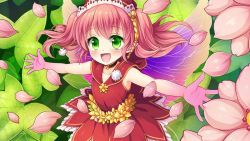Rule 34 | 1girl, artist request, blush, choker, colored skin, dress, fairy, fairy wings, flower, game cg, gradient wings, green eyes, hair between eyes, long hair, looking at viewer, mini person, minigirl, monster musume no iru nichijou, monster musume no iru nichijou online, multicolored wings, official art, open mouth, outstretched arms, peace (monster musume), petals, pink flower, pink hair, pink skin, pointy ears, red dress, sleeveless, sleeveless dress, solo, twintails, wings