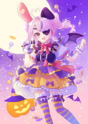 Rule 34 | 1girl, :d, absurdres, ahoge, animal ears, bat (animal), bat wings, candy, cross-laced clothes, flat chest, food, frills, halloween, heart, heart ahoge, highres, holding, holding microphone, jack-o&#039;-lantern, lollipop, looking at viewer, maria marionette, microphone, moon, nijisanji, nijisanji en, open mouth, pink eyes, pink hair, pink ribbon, puffy short sleeves, puffy sleeves, purple hair, rabbit ears, ribbon, round teeth, short sleeves, smile, solo, striped clothes, striped thighhighs, teeth, thighhighs, tong7611, virtual youtuber, wings