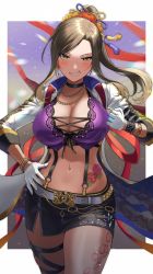 Rule 34 | 1girl, belt, black choker, blush, border, bracelet, breasts, brown hair, choker, cleavage, clenched hand, cowboy shot, crop top, cropped jacket, curvy, earrings, gloves, grin, hair ornament, hand on own hip, high collar, high ponytail, highres, idol, idolmaster, idolmaster cinderella girls, jacket, jewelry, large breasts, leg tattoo, long hair, looking at viewer, miniskirt, mukai takumi, navel, necklace, open clothes, open jacket, ro torobo, sidelocks, skirt, smile, solo, stomach tattoo, suspender skirt, suspenders, tattoo, thigh strap, thighs, unfinished, white belt, white border, white gloves, white jacket, yellow eyes