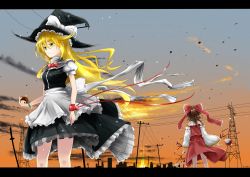 Rule 34 | 2girls, apron, bad id, bad pixiv id, bangle, bare shoulders, blonde hair, bow, bracelet, brown hair, cityscape, cloud, contemporary, detached sleeves, dress, artistic error, female focus, frills, from behind, frown, glint, gohei, green eyes, hair bow, hakurei reimu, hat, hidaka kouyou, high collar, highres, holding, japanese clothes, jewelry, kirisame marisa, letterboxed, light particles, long hair, long sleeves, looking away, miko, mini-hakkero, multiple girls, ponytail, power lines, puffy sleeves, ribbon, shirt, short sleeves, skirt, sky, standing, touhou, twilight, utility pole, vest, wide sleeves, wind, wind lift, witch, witch hat, wrist ribbon, yellow eyes, yin yang