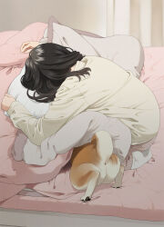 Rule 34 | 1girl, bed, bed sheet, black hair, check copyright, copyright request, dog, facing down, from side, indoors, long sleeves, mattaku mousuke, on bed, original, pajamas, shiba inu, sleeping, tagme