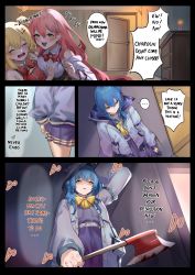 Rule 34 | ..., 3girls, :d, absurdres, ahoge, akai haato, akai haato (gothic lolita), alternate language, axe, belt, blonde hair, blood on axe, blue hair, blue shirt, blue skirt, blush, bow, bowtie, breasts, candle, closed eyes, drawer, english text, eredhen, flower, green eyes, grey belt, grey jacket, hair between eyes, hair flower, hair ornament, hand on another&#039;s chest, highres, holding, holding axe, hololive, hood, hood up, hooded jacket, hoshimachi suisei, hoshimachi suisei (school uniform), indoors, jacket, large breasts, long hair, long sleeves, looking at another, multiple girls, netorare, open door, open mouth, pink hair, pleated skirt, red bow, red bowtie, red shirt, sakura miko, sakura miko (casual), shirt, skirt, smile, spoken ellipsis, virtual youtuber, white shirt, x hair ornament, yellow bow, yellow bowtie, yellow eyes, yuri