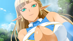 Rule 34 | 1girl, blonde hair, breasts, cleavage, cloud, elbow gloves, elf, covered erect nipples, forest, gloves, green eyes, highres, huge breasts, inja no kuruwa, long hair, looking at viewer, nature, original, pointy ears, sky, sleeveless, smile, solo, staring, tree, upper body