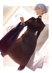 Rule 34 | 1girl, alternate costume, arm behind back, belt, black belt, black pantyhose, black shirt, black skirt, blue hair, bracelet, breasts, choker, coat, unworn coat, commentary request, commission, dog tags, dutch angle, earrings, english text, eyes visible through hair, girls&#039; frontline, hair between eyes, hand up, high-waist skirt, highres, holding, holding clothes, jewelry, legs apart, long sleeves, looking at viewer, medium breasts, medium skirt, orange eyes, pantyhose, pixiv commission, saigakobaru, shirt, short hair, skirt, smile, solo, zas m21 (girls&#039; frontline)