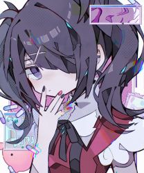 Rule 34 | 1girl, ame-chan (needy girl overdose), black hair, black nails, black ribbon, cat, closed mouth, glitch, hair ornament, hair over one eye, hand up, highres, looking at viewer, lsd, medium hair, multicolored nails, nail polish, needy girl overdose, pill, pink nails, purple eyes, red vest, ribbon, solo, soresaki, twintails, upper body, vest, wide sleeves, window (computing), x hair ornament