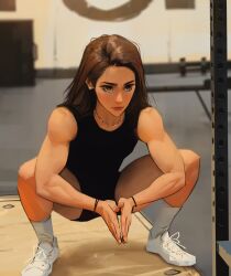 Rule 34 | 1girl, bare legs, bare shoulders, bracelet, brown eyes, brown hair, commentary, english commentary, gym, highres, jewelry, necklace, original, own hands together, sam yang, socks, sportswear, squatting, toned, white footwear, white socks
