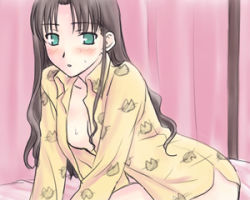Rule 34 | 1girl, bed, blush, boribeya, fate/stay night, fate (series), hair down, lowres, naked shirt, official alternate costume, open clothes, pajamas, shirt, solo, sweat, tohsaka rin