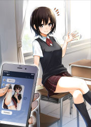 Rule 34 | 1girl, ^^^, black socks, black vest, breasts, brown eyes, brown hair, cellphone, cellphone photo, classroom, closed mouth, collared shirt, commentary request, crossed legs, curtains, day, desk, dojirou, highres, holding, holding phone, indoors, kneehighs, looking at viewer, medium breasts, motion lines, on desk, original, panties, phone, photo comparison, plaid, plaid skirt, pov, red neckwear, red skirt, ribbed legwear, school uniform, shirt, short hair, short sleeves, sitting, skirt, smartphone, smile, socks, solo focus, split, standing, standing on one leg, sunlight, sweatdrop, text messaging, thighs, tile floor, tiles, translated, underwear, vest, waving, white panties, white shirt, window, wing collar