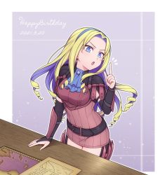 Rule 34 | 1girl, armor, blonde hair, blue eyes, breasts, bridal gauntlets, constance von nuvelle, fire emblem, fire emblem: three houses, hairband, hand on table, hiyori (rindou66), leather armor, long hair, looking at viewer, medium breasts, multicolored hair, nintendo, open mouth, purple hair, simple background, table, thighs, two-tone hair
