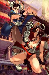 Rule 34 | 2girls, alex ahad, battle, blue leotard, boots, bracelet, breasts, capcom, chun-li, cleavage, crossover, double bun, hair bun, hand fan, highres, jewelry, jumping, large breasts, leotard, leotard peek, long hair, multiple girls, ninja, pantyhose, ponytail, red footwear, rivalry, rivals, shiranui mai, spiked bracelet, spikes, squatting, street fighter, the king of fighters, thighs, white footwear