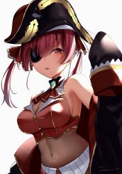 Rule 34 | 1girl, absurdres, arrow through heart, ascot, bare shoulders, black coat, black hat, blush, breasts, cleavage, coat, covered navel, dated, eyepatch, hat, heart, heart-shaped pupils, highres, hirota fruit, hololive, houshou marine, large breasts, leotard, leotard under clothes, long hair, long sleeves, looking at viewer, one eye covered, open clothes, open coat, parted lips, pirate hat, purple hair, red ascot, red eyes, red vest, see-through, see-through cleavage, see-through leotard, simple background, skin tight, sleeves past fingers, sleeves past wrists, smile, solo, symbol-shaped pupils, twintails, twitter username, upper body, vest, virtual youtuber, white background