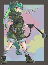 Rule 34 | 1girl, absurdres, alternate costume, bandaged leg, bandages, bare arms, chain, chameleon tail, commentary request, contemporary, forehead protector, full body, gloves, green hair, harness, high ponytail, highres, holding, holding weapon, hood, hood up, jacket, kama (weapon), kemono friends, kusarigama, long hair, looking at viewer, multicolored hair, open mouth, panther chameleon (kemono friends), red eyes, scarf, shoes, short sleeves, shorts, sickle, solo, standing, tail, teeth, toriny, translation request, two-tone hair, upper teeth only, weapon