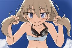 Rule 34 | 1girl, :p, bikini, blonde hair, blue eyes, carla j. luksic, goggles, long hair, makaze (t-junction), solo, strike witches, swimsuit, tongue, tongue out, twintails, world witches series