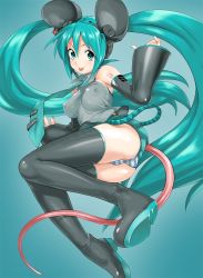 Rule 34 | 1girl, :p, animal ears, ass, bare shoulders, boots, breasts, covered erect nipples, detached sleeves, green eyes, green hair, hatsune miku, kemonomimi mode, large breasts, long hair, looking at viewer, matching hair/eyes, miniskirt, mouse ears, mouse tail, necktie, no bra, panties, pantyshot, poporon, skirt, solo, striped clothes, striped panties, tail, thigh boots, thighhighs, tongue, tongue out, twintails, underwear, very long hair, vocaloid