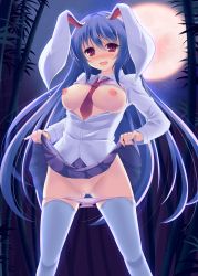 Rule 34 | 1girl, absurdres, animal ears, bad id, bad pixiv id, bamboo, bamboo forest, between breasts, blush, bra, bra lift, breasts, breasts out, clothes lift, dress shirt, female focus, forest, full moon, highres, large breasts, lingerie, long hair, looking at viewer, moon, nature, necktie, night, nipples, open clothes, open mouth, open shirt, panties, panty pull, purple hair, pussy, pussy juice, pussy juice trail, rabbit ears, red eyes, red necktie, reisen udongein inaba, second heaven, shirt, skirt, skirt lift, solo, standing, thighhighs, touhou, unbuttoned, uncensored, underwear, wet, wet clothes, wet panties, white thighhighs, zettai ryouiki