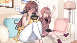 Rule 34 | 2girls, absurdres, age difference, ahoge, apron, arms up, barefoot, bekotarou, blush, breasts, brown eyes, brown hair, cameltoe, checkered apron, checkered clothes, controller, couch, drawing (object), dress, embarrassed, feet, female focus, frilled pillow, frills, half-closed eyes, hands up, happy, highres, holding, holding controller, indoors, large breasts, leg lift, legs, legs together, long hair, looking away, looking down, low ponytail, mankai kaika, mature female, medium hair, mother and daughter, multiple girls, nose blush, open mouth, original, pillow, playing games, pussy juice, sex toy, sitting, smile, socks, thighs, vibrator, vibrator under clothes, wet, wet clothes