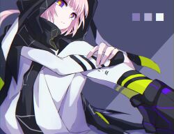 Rule 34 | 1girl, absurdres, capelet, chromatic aberration, color guide, dot nose, highres, hood, hood up, hooded capelet, hugging own legs, kaf (kamitsubaki studio), kamitsubaki studio, looking at viewer, memori (egachachachan), multicolored eyes, open mouth, pantyhose, pink hair, sitting, solo, virtual youtuber, white pantyhose, yellow pupils