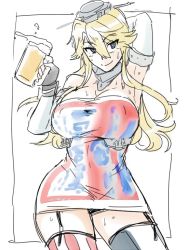 Rule 34 | 10s, 1girl, alcohol, anchor symbol, arm behind head, beer, beer mug, blonde hair, blue eyes, breasts, budweiser, collar, commentary request, cowboy shot, cup, dress, elbow gloves, fingerless gloves, garter straps, gloves, hair between eyes, headgear, ikeshita moyuko, iowa (kancolle), kantai collection, large breasts, long hair, looking at viewer, mug, parted bangs, short dress, solo, strapless, strapless dress, sweat, thighhighs, translation request, tube dress