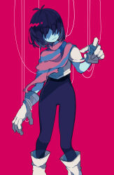 Rule 34 | 1other, :|, androgynous, antenna hair, armor, blue bodysuit, blue hair, blue skin, bodysuit, bodysuit under clothes, breastplate, cape, closed mouth, colored skin, commentary request, covered eyes, deltarune, expressionless, facing viewer, feet out of frame, gauntlets, hair over eyes, head tilt, highres, kris (deltarune), nikorashi-ka, no nose, other focus, pauldrons, pink background, pink cape, puppet strings, reaching, reaching towards viewer, short hair, shoulder armor, simple background, solo, standing, two-tone cape