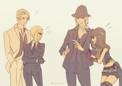 Rule 34 | !, 2022, 2boys, 2girls, absurdres, anger vein, annoyed, black gloves, black necktie, black suit, blonde hair, breasts, brothers, cbullet, collar, collarbone, dated, elena (ff7), english text, evan townshend, final fantasy, final fantasy vii, final fantasy vii advent children, final fantasy vii remake, formal, gloves, grey background, hands in pockets, hat, highres, kyrie canaan, legs, long hair, looking at another, midriff, multiple boys, multiple girls, navel, necktie, open mouth, parted lips, rufus shinra, scarf, short hair, shorts, siblings, simple background, square enix, standing, stomach, suit, sweat, teeth, thighs, turks (ff7), vest, white suit, wing collar