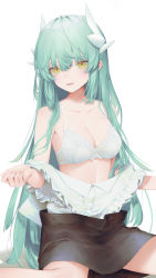 Rule 34 | 1girl, blush, breasts, dmith, dragon girl, dragon horns, fate/grand order, fate (series), green hair, highres, horns, kiyohime (fate), long hair, looking at viewer, medium breasts, multiple horns, open mouth, smile, solo, thighs, yellow eyes