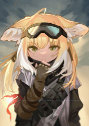 Rule 34 | 1girl, animal ear fluff, animal ears, arknights, bandana, blonde hair, blurry, brown eyes, brown gloves, closed mouth, cloud, cloudy sky, dirty, dirty face, fingerless gloves, fox ears, gloves, goggles, goggles on head, hand up, highres, long hair, looking at viewer, multicolored hair, official alternate costume, outdoors, sakurami sumi, sky, solo, suzuran (arknights), suzuran (lostlands flowering) (arknights), two-tone hair, upper body, v-shaped eyebrows, white hair
