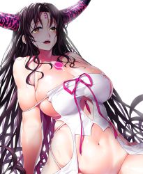 Rule 34 | 1girl, black hair, blush, breasts, cleavage, facial mark, fate/extra, fate/extra ccc, fate (series), highres, large breasts, long hair, looking at viewer, navel, onsoku inu, open mouth, revealing clothes, sessyoin kiara, simple background, solo, wavy hair, white background, yellow eyes