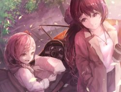 Rule 34 | 2girls, alternate costume, black hair, blue hair, braid, car, coffee cup, commentary request, cup, disposable cup, french braid, girls&#039; frontline, harufude, jericho (girls&#039; frontline), jewelry, long hair, map, motor vehicle, multicolored hair, multiple girls, necklace, negev (girls&#039; frontline), pink hair, pointing, sports car, streaked hair