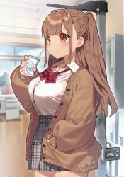 Rule 34 | 1girl, angry, blurry, blurry background, bow, bowtie, breasts, brown eyes, brown hair, bursting breasts, button gap, cardigan, commentary request, drinking straw, dutch angle, food, grey skirt, hand in pocket, height conscious, highres, holding, large breasts, long hair, looking at viewer, milk, milk carton, original, red bow, red bowtie, sakura yuki (clochette), school uniform, shirt, skirt, sleeves past wrists, solo, standing, white shirt