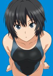 1girl absurdres amagami black_eyes black_hair black_one-piece_swimsuit blue_background bob_cut competition_swimsuit cowboy_shot from_above highleg highleg_one-piece_swimsuit highres looking_at_viewer nanasaki_ai one-piece_swimsuit short_hair solo standing swimsuit two-tone_swimsuit yuuyuu_(3jjbn)