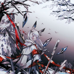 Rule 34 | 1girl, absurdres, animal ear fluff, animal ears, arknights, armband, bird, black gloves, blood, blood on face, coat, ear ornament, from behind, frostnova (arknights), gloves, grey eyes, highres, leaf, looking at viewer, looking back, mido (mido chen), originium (arknights), outdoors, rabbit ears, red ribbon, ribbon, snow, solo, tree, white coat, winter