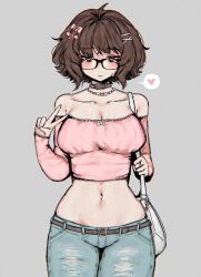 Rule 34 | 1girl, ahoge, aki (snale), bag, bare shoulders, blush, breasts, brown eyes, brown hair, choker, cleavage, closed mouth, collar, collarbone, crop top, denim, glasses, grey background, hair ornament, hairclip, heart, highres, jeans, jewelry, large breasts, looking at viewer, messy hair, midriff, navel, original, pants, ring, simple background, snale, solo, spoken heart, standing, strapless, v, x hair ornament