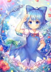 Rule 34 | 1girl, blue bow, blue dress, blue eyes, blue hair, blue sky, blush, bow, cirno, closed mouth, cloud, coa (chroo x), day, dress, flower, hair bow, hand on own hip, ice, ice wings, looking at viewer, palm tree, petals, puffy short sleeves, puffy sleeves, short hair, short sleeves, sky, smile, solo, standing, touhou, tree, water, wings