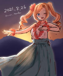 Rule 34 | 1girl, blonde hair, blouse, blue eyes, dancing, dated, drill hair, flower, flower bracelet, flower necklace, grass skirt, hair flower, hair ornament, hibiscus, honolulu (kancolle), hula, kantai collection, lei, long hair, looking at viewer, mountain, one eye closed, shirt, solo, sunset, twin drills, twintails, twitter username, white shirt, wss (nicoseiga19993411)
