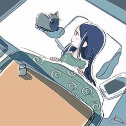 Rule 34 | 1girl, artist request, cat, cup, fore, jill stingray, kotatsu, looking at another, night, pillow, purple hair, shadow, shirt, t-shirt, table, tablet pc, teacup, va-11 hall-a