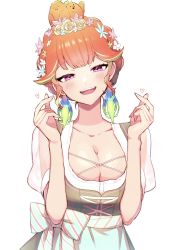 Rule 34 | 1girl, aneco (westsea1227), blush, breasts, cleavage, earrings, feather earrings, feathers, gradient hair, heart challenger, highres, hololive, hololive english, jewelry, kfp, large breasts, looking at viewer, multicolored hair, multiple girls, open mouth, orange hair, pink hair, purple eyes, simple background, smile, solo, takanashi kiara, takanashi kiara (dirndl), virtual youtuber, white background