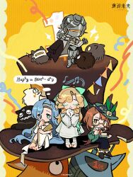 Rule 34 | 37 (reverse:1999), 4girls, absurdres, ancient greek clothes, aqua bow, bandaged leg, bandages, beamed sixteenth notes, black coat, black hat, black skirt, blonde hair, blue hair, bow, brown footwear, brown hair, carbuncle (reverse:1999), chibi, closed eyes, coat, coat on shoulders, confetti, copyright name, copyright notice, creature, dress, eighth note, fox, glasses, greco-roman clothes, green eyes, green hat, green jacket, hair bow, happy birthday, hat, hat feather, highres, holding, holding saucer, humanoid robot, jacket, joints, kakania (reverse:1999), logo, long hair, long skirt, looking at viewer, lorelei (reverse:1999), low ponytail, lucy (reverse:1999), metal skin, mini person, minigirl, multiple girls, music, musical note, official art, own hands together, reverse:1999, robot, robot girl, robot joints, saucer, semi-rimless eyewear, singing, sitting, skirt, standing, thinking, thought bubble, toga, top hat, under-rim eyewear, white dress, yellow background