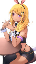 Rule 34 | 1girl, animal ears, armlet, bare shoulders, belt, black nails, black shirt, black shorts, black thighhighs, blonde hair, bow, bowtie, breasts, commission, crop top, dark-skinned female, dark skin, detached collar, ear piercing, earrings, fake animal ears, fake tail, gyaru, hair bow, hair over shoulder, hairband, hands up, highleg, highres, indie virtual youtuber, interlocked fingers, jewelry, long hair, looking at viewer, medium breasts, midriff, mimipi (vtuber), nail polish, nishino eri, own hands together, piercing, purple eyes, rabbit ears, rabbit tail, revealing clothes, shirt, short shorts, shorts, simple background, single thighhigh, sitting, sleeveless, sleeveless shirt, smile, solo, spaghetti strap, tail, thighhighs, thighs, virtual youtuber, white background, wrist cuffs