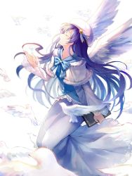 Rule 34 | 1girl, angel wings, aqua bow, aqua dress, artist name, artist request, beret, bird, blue hair, blush, book, bow, bowtie, breasts, capelet, christmas, collarbone, curly hair, dress, closed eyes, female focus, floating hair, frilled sleeves, frills, fur-trimmed capelet, fur trim, hair between eyes, hat, hat ribbon, holding, holding book, long dress, long hair, long skirt, long sleeves, looking at viewer, love live!, love live! school idol festival, love live! school idol project, miniskirt, parted lips, plaid, plaid dress, plaid skirt, pleated, pleated dress, pleated skirt, ribbon, skirt, smile, snowflake print, solo, sonoda umi, striped, striped bow, wavy hair, white background, white bird, white capelet, white skirt, white wings, wings