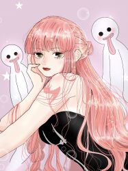 Rule 34 | 1girl, arm tattoo, bat tattoo, black dress, blunt bangs, closed mouth, commentary, cowboy shot, dress, ghost, half updo, hand on own cheek, hand on own face, hhzs2587, highres, long hair, looking at viewer, one piece, perona, pink background, pink hair, pink nails, profile, red lips, sidelocks, solo, star (symbol), tattoo, tongue, tongue out