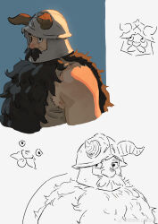 Rule 34 | 1boy, :p, absurdres, backlighting, beard, brown hair, doodle inset, dungeon meshi, dwarf, facial hair, fake horns, helmet, highres, horned helmet, horns, long beard, looking to the side, male focus, mustache, partially colored, senshi (dungeon meshi), thick mustache, tongue, tongue out, very long beard, youzu (youzuyozu)