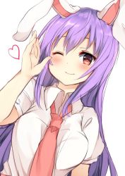 Rule 34 | 1girl, ;), animal ears, blush, breasts, dutch angle, hair between eyes, hand up, heart, highres, karasusou nano, large breasts, long hair, looking at viewer, necktie, one eye closed, pink necktie, puffy short sleeves, puffy sleeves, purple hair, rabbit ears, red eyes, reisen udongein inaba, shirt, short sleeves, sidelocks, simple background, smile, solo, touhou, upper body, white background, white shirt, wing collar
