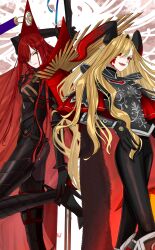 Rule 34 | absurdres, armor, armored bodysuit, armored boots, black armor, black bodysuit, black gloves, black horns, blonde hair, bodysuit, boots, breasts, cape, chain, collared cape, dragon horns, facial mark, fate/grand order, fate (series), flaming weapon, fur-trimmed cape, fur trim, gloves, hair over one eye, highres, hiyoko no tamago, horns, long hair, long horns, looking at viewer, medium breasts, multiple girls, nero claudius (fate), nero claudius (fate) (all), oda nobunaga (fate), oda nobunaga (maou avenger) (fate), pointy ears, popped collar, queen draco (fate), queen draco (third ascension) (fate), red cape, red eyes, red hair, red scales, shoulder plates, smile, tight top, very long hair, wavy hair, weapon