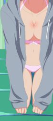 Rule 34 | absurdres, bikini, breast focus, breasts, cleavage, collarbone, faceless, faceless female, fuufu ijou koibito miman., grey jacket, head out of frame, highres, jacket, kneeling, large breasts, legs, midriff, navel, neck, open clothes, open jacket, pink bikini, ribbon, room, screencap, stitched, swimsuit, tagme, third-party edit, watanabe akari