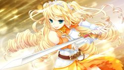 Rule 34 | 1girl, armor, belt, blonde hair, crown, drill hair, game cg, green eyes, highres, kunai uri, long hair, looking away, nail polish, noblesse of rouge, open mouth, simple background, skirt, smile, solo, standing, sword, weapon
