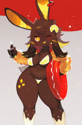 Rule 34 | 1girl, animal ears, bikini, bottle, breasts, brown hair, coca-cola, commentary request, furry, furry female, grey background, highres, holding, holding bottle, jacket, kishibe, large breasts, long sleeves, looking at viewer, medium hair, navel, one eye closed, original, rabbit ears, rabbit girl, simple background, smile, solo, standing, swimsuit, thick thighs, thighhighs, thighs, yellow bikini, yellow eyes, yellow jacket