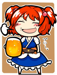 Rule 34 | 1girl, alcohol, beer, blush, chibi, closed eyes, hair bobbles, hair ornament, kunitori, onozuka komachi, open mouth, red eyes, red hair, short hair, smile, solo, touhou, twintails, two side up