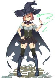 Rule 34 | 10s, 1girl, alternate costume, bare shoulders, blue footwear, boots, breasts, brown eyes, cape, cleavage, full body, garter straps, hair between eyes, hairband, halloween, halloween costume, hand on own hip, hat, highres, kantai collection, knee boots, light brown hair, looking at viewer, red hairband, sakuhiko, shiratsuyu (kancolle), short hair, simple background, skirt, solo, thighhighs, twitter username, wand, white background, witch hat